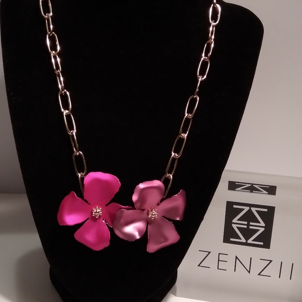 Metallic/18K Gold Hot Pink Handpainted Flowers Necklace, 20"L